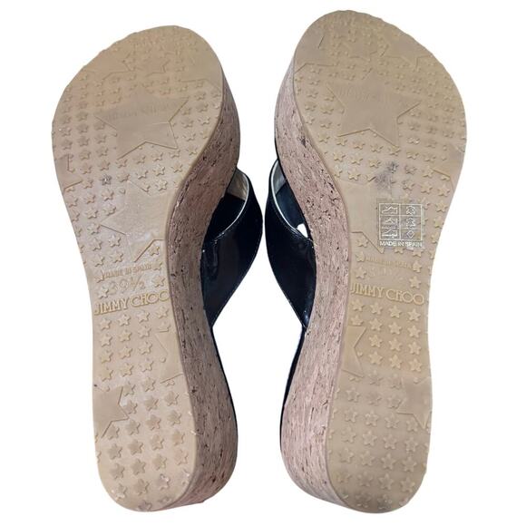 Auth Jimmy Choo Black Patent Leather Cork Wedge Sandals Size 39.5 - Picture 8 of 8